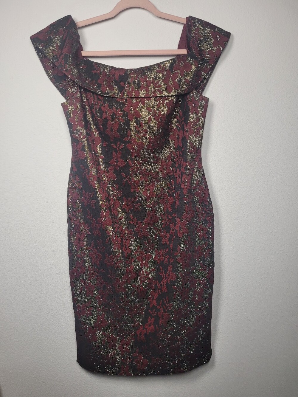 Adrianna Papell Metallic Floral Brocade Off Shoulder Cocktail Dress Burgundy 14